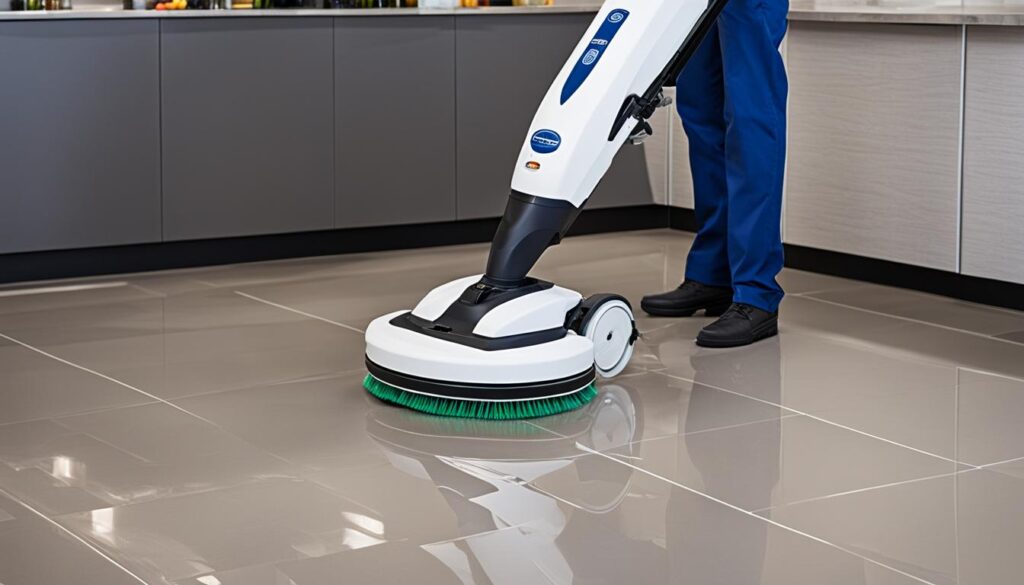 Glimmering tile floor being cleaned by a high powered machine