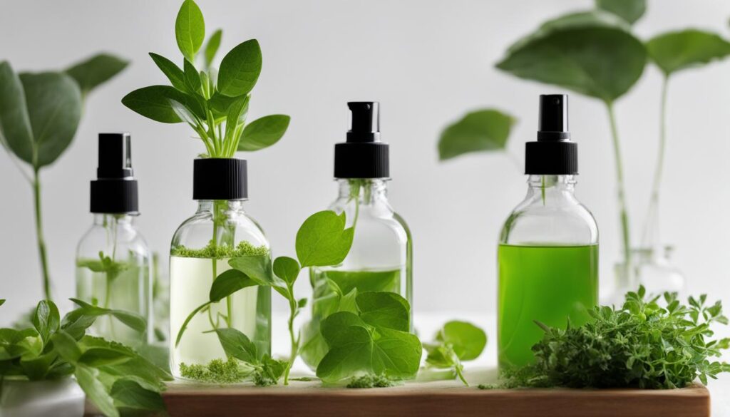 Green plants sprouting from spray bottles