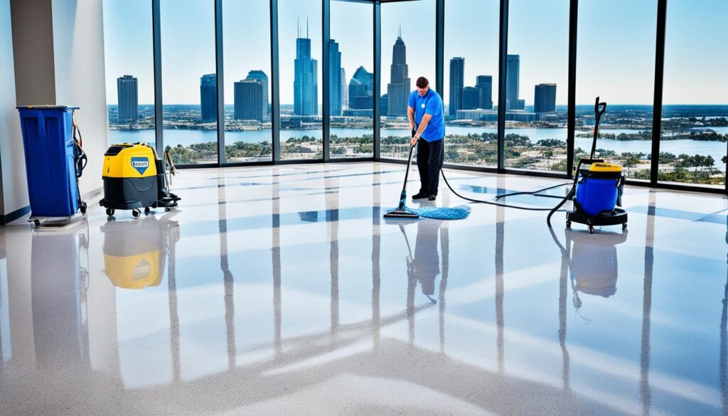 Man cleaning an office with the Tampa skyline seen through windows in the background